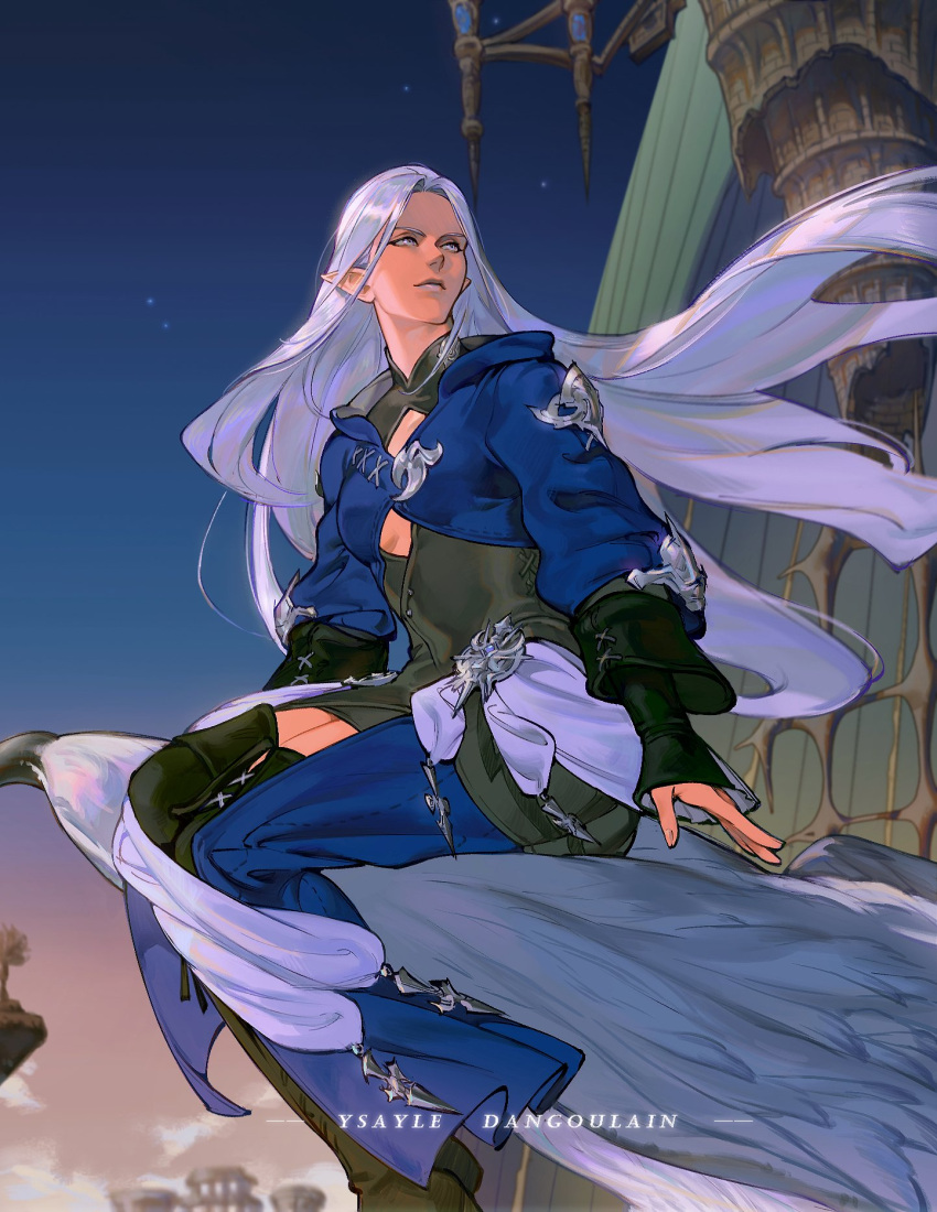 1girl, black_footwear, blue_coat, blue_sky, boots, character_name, coat, commentary