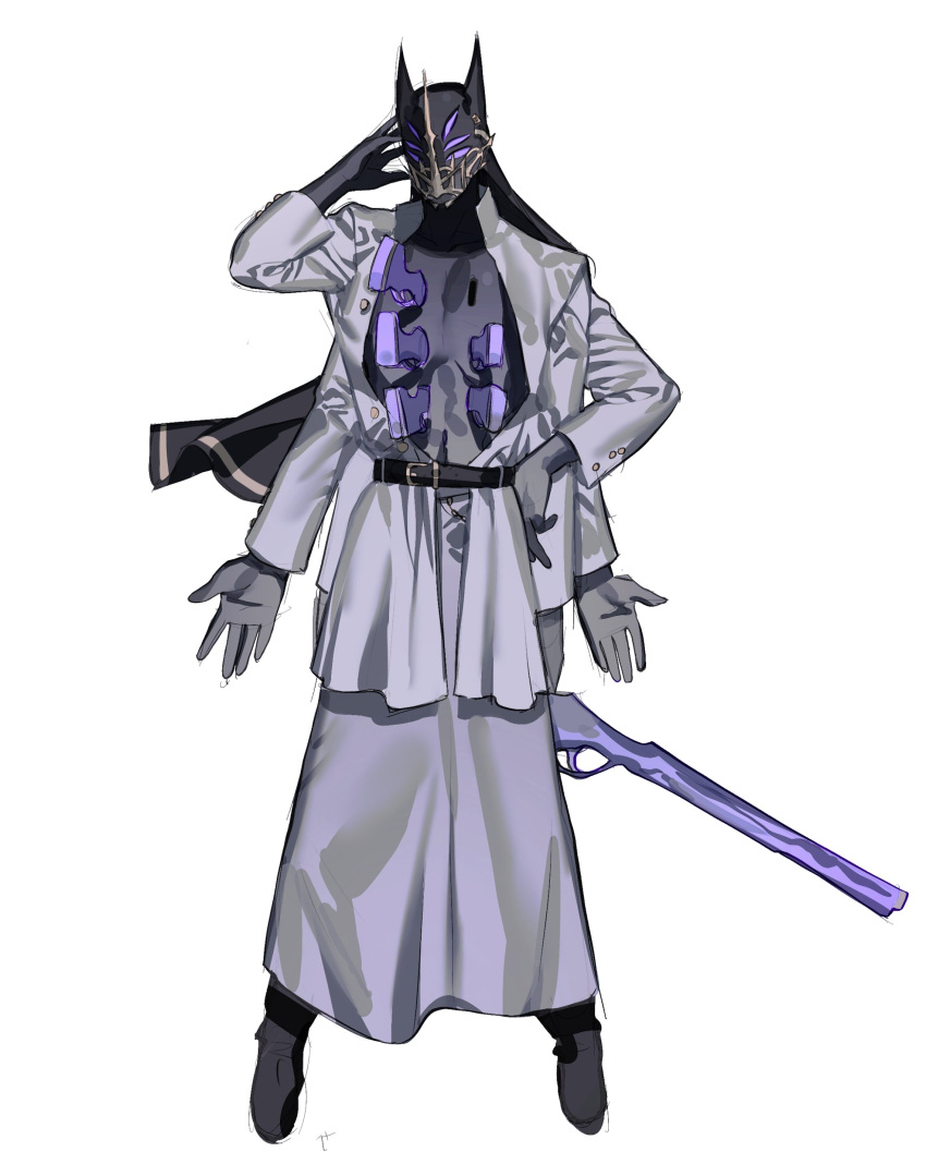 1boy, absurdres, arm_up, black_footwear, black_horns, black_skin, blank_eyes, coat