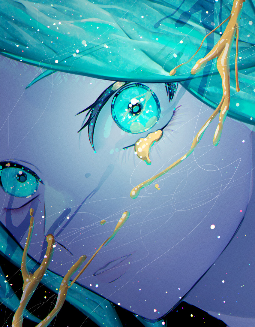 1other, absurdres, androgynous, aqua_eyes, aqua_hair, aqua_theme, clip_studio_paint_(medium), close-up