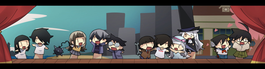 5girls, 6+boys, ahoge, arms_up, ascot, ball_and_chain_(weapon), black_hair, blue_dress