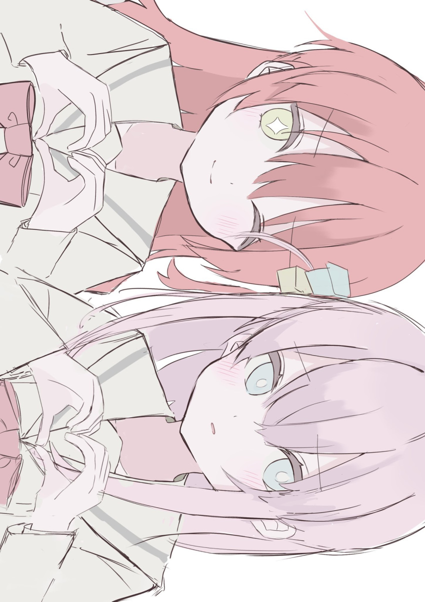 2girls, arutya, bad_id, bad_twitter_id, blue_eyes, blush, bocchi_the_rock!, bow, bowtie, closed_mouth, commentary, cube_hair_ornament, gotoh_hitori, hair_between_eyes, hair_ornament, hashtag_only_commentary, heart, heart_hands, highres, kita_ikuyo, long_hair, looking_at_viewer, multiple_girls, one_eye_closed, one_side_up, parted_lips, pink_hair, red_bow, red_bowtie, redhead, sailor_collar, school_uniform, serafuku, shirt, sidelocks, sideways, smile, star-shaped_pupils, star_(symbol), symbol-shaped_pupils, textless_version, translation_request, white_sailor_collar, white_shirt