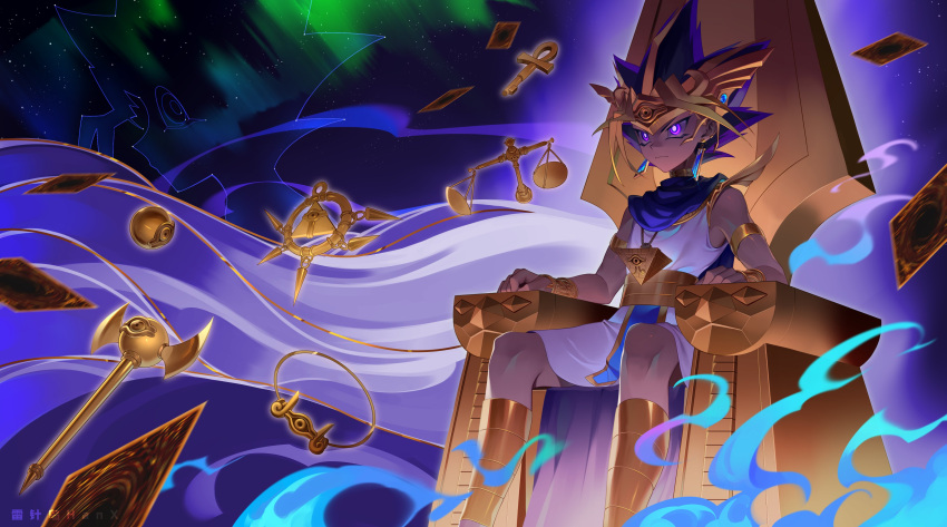 2boys, absurdres, atem, black_hair, blonde_hair, buzzsaw_(6631455), card, dark-skinned_male