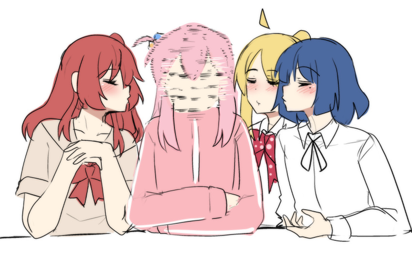 4girls, ahoge, blonde_hair, blue_hair, blush, bocchi_the_rock!, bow, bowtie