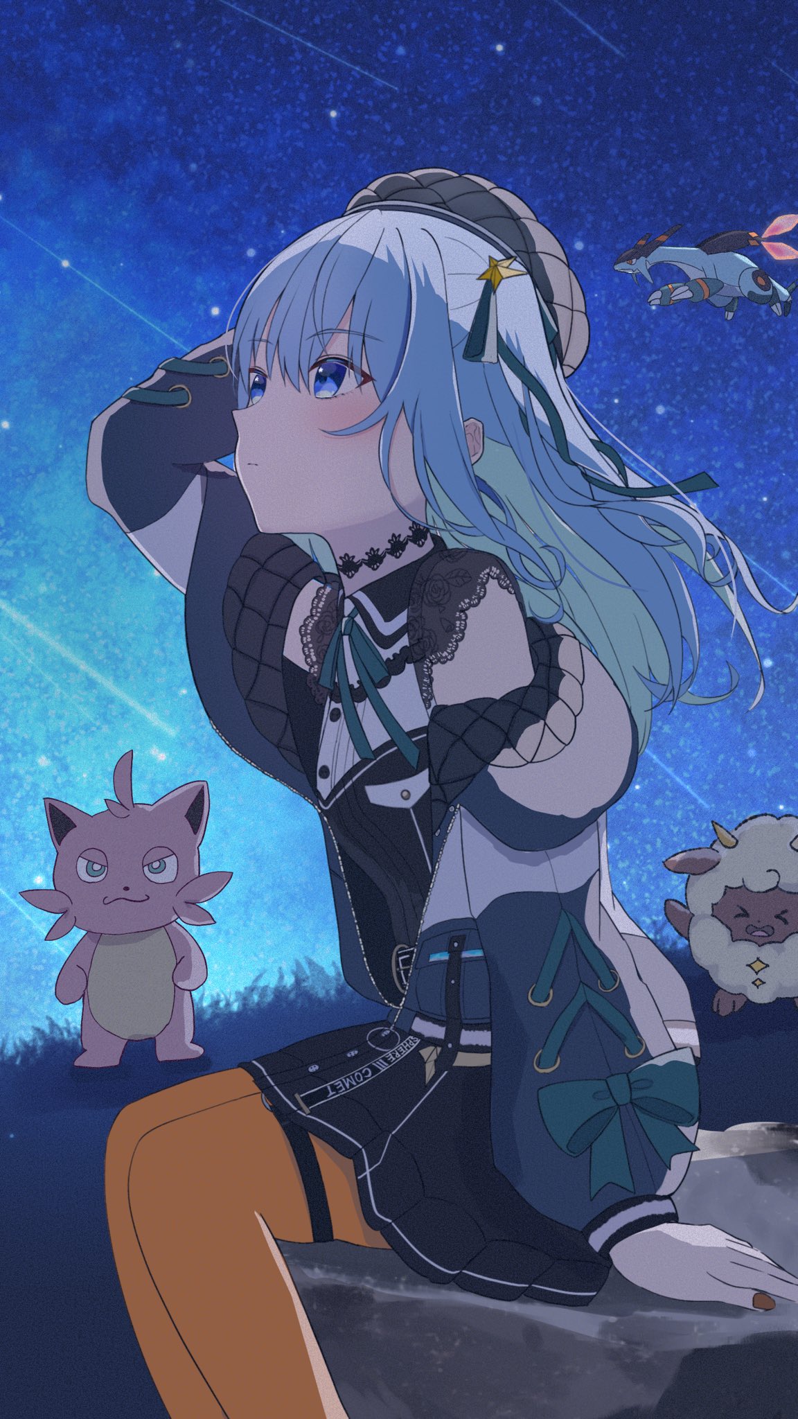 1girl, arm_up, arutya, beret, black_headwear, black_shirt, black_skirt, blue_eyes