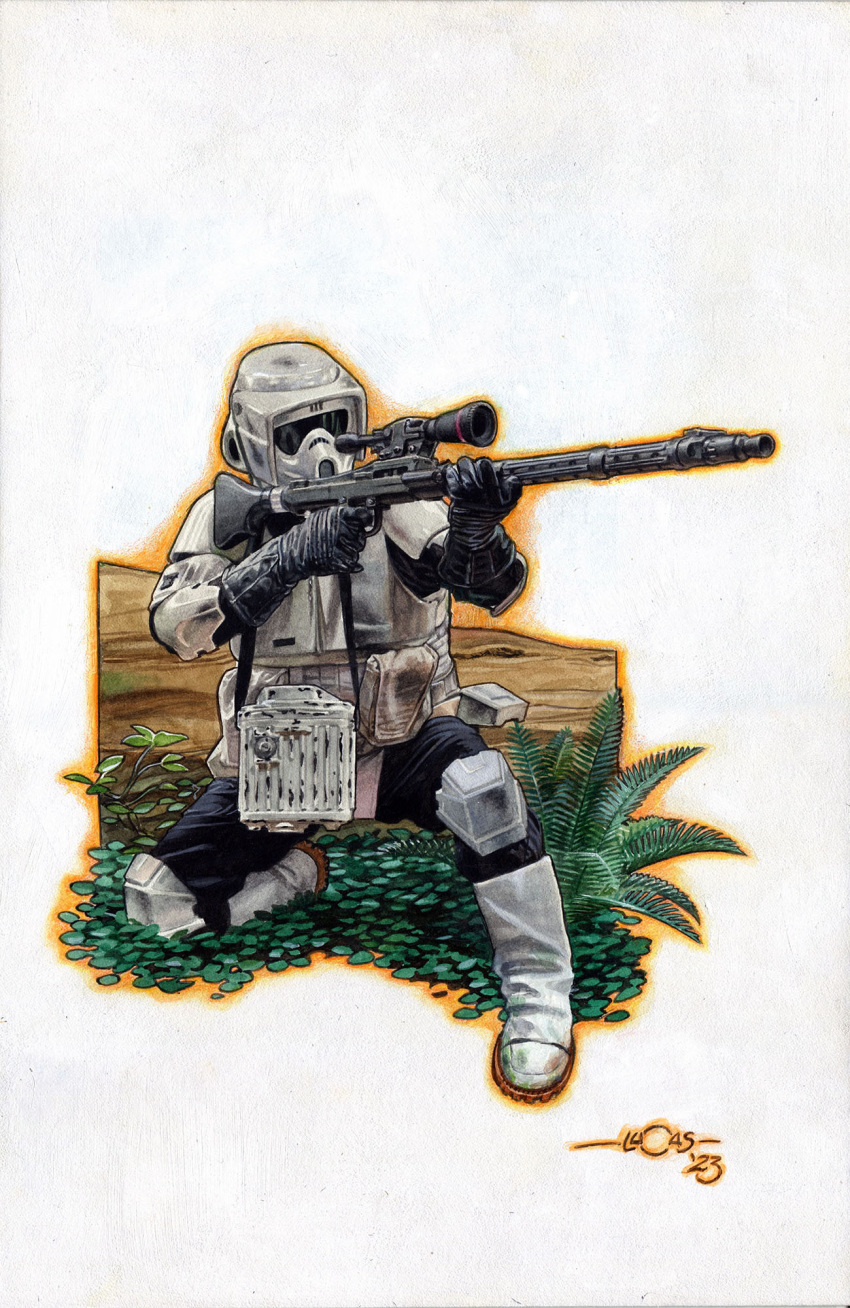 1boy, artist_name, black_gloves, boots, fern, full_body, gloves, gun