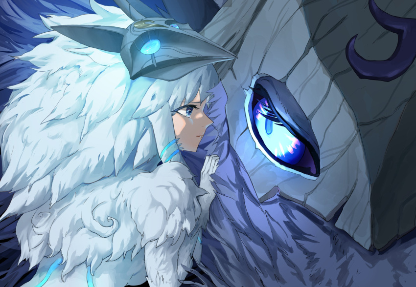 1girl, blue_eyes, body_fur, breasts, from_side, green_eyes, grey_fur, hands_up