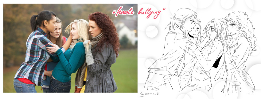 4girls, braid, braided_bangs, english_text, hand_on_another's_cheek, hand_on_another's_face, highres, long_sleeves