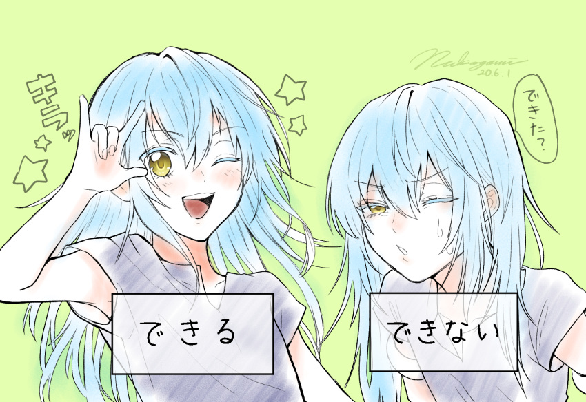 1other, armpits, blue_hair, blush, hair_between_eyes, highres, humanization, nukogami_(minniecatlove21)