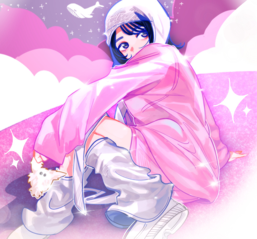 1girl, aegyo_sal, animification, beanie, clouds, creature, grey_eyes, grey_footwear, grey_leg_warmers, haewon_(nmixx), hat, highres, holding, holding_creature, jacket, l99_2km, leg_warmers, looking_to_the_side, nmixx, pink_jacket, real_life, short_hair, sitting, sleeves_past_wrists, solo, sparkle, whale, white_headwear