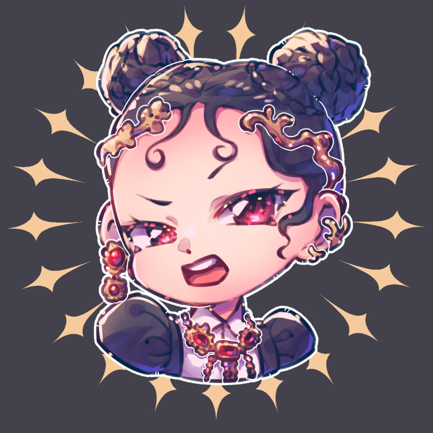 1girl, animification, black_background, black_dress, black_hair, chibi, cocona_(xg), collared_shirt