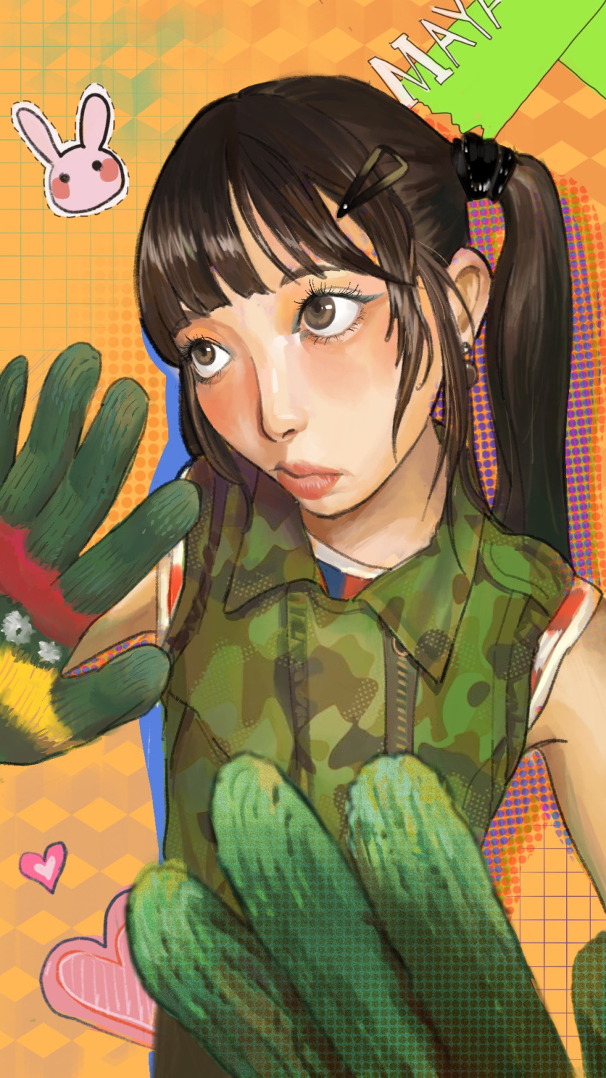 1girl, blush, brown_eyes, brown_hair, c_chrill, camouflage, camouflage_shirt, character_name, collared_shirt, distortion, gloves, green_gloves, hair_behind_ear, heart, highres, long_hair, looking_up, maya_(xg), open_hands, real_life, red_lips, shirt, sleeveless, sleeveless_shirt, solo, striped_clothes, striped_shirt, twintails, upper_body, xg_(group)
