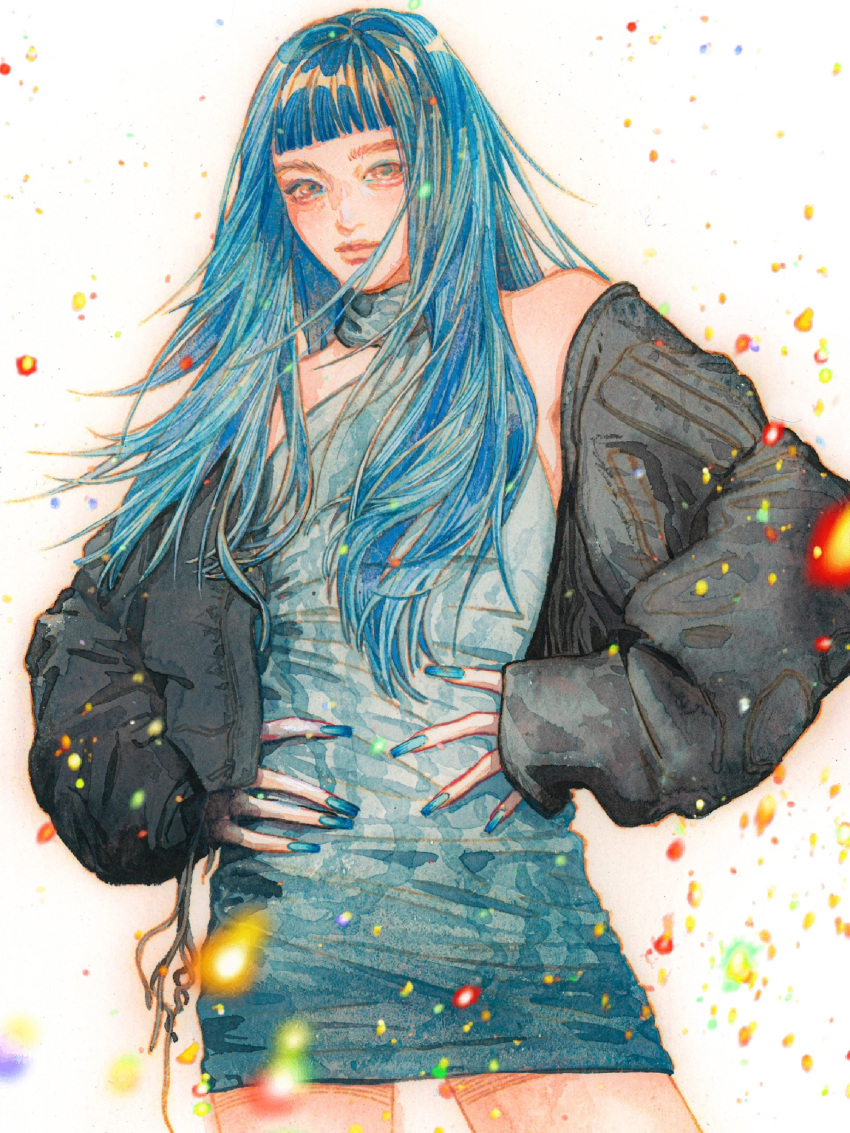 1girl, absurdres, black_jacket, blue_dress, blue_hair, blue_nails, blunt_bangs, brown_eyes