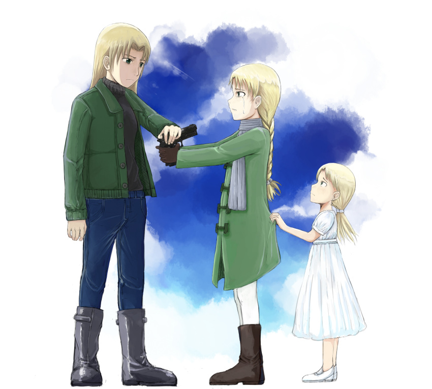 1girl, 4chan, blonde_hair, boots, drawfag, elsa_de_sica, gun, gunslinger_girl