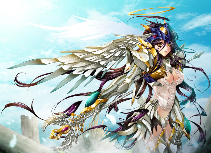 boots, breasts, cleavage, corset, halo, head_wings, long_hair, milk_(niunai_jai), original, personification, purple_hair, rahxephon, rahxephon_(mecha), solo, staff, thigh-highs, thigh_boots, thighhighs, yellow_eyes