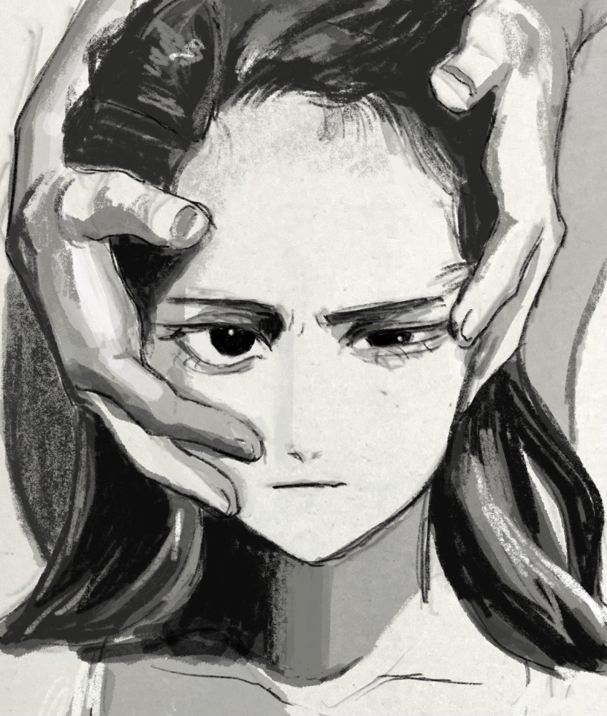 1girl, 1other, album_cover_redraw, closed_mouth, collarbone, commentary, derivative_work, english_commentary