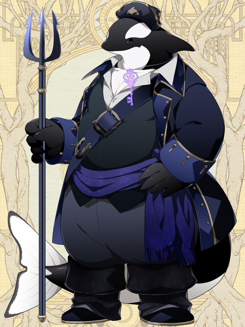 1boy, belt, black_eyes, black_footwear, black_headwear, black_pants, black_vest, cetacean_tail, dairoku_ryouhei, fins, fish_tail, full_body, furry, hat, highres, jewelry, key, l_(matador), long_sleeves, male_focus, necklace, orca, pants, polearm, solo, standing, tail, tricorne, trident, vest, victor_sullivan_(dairoku_ryouhei), weapon, whale, yellow_background