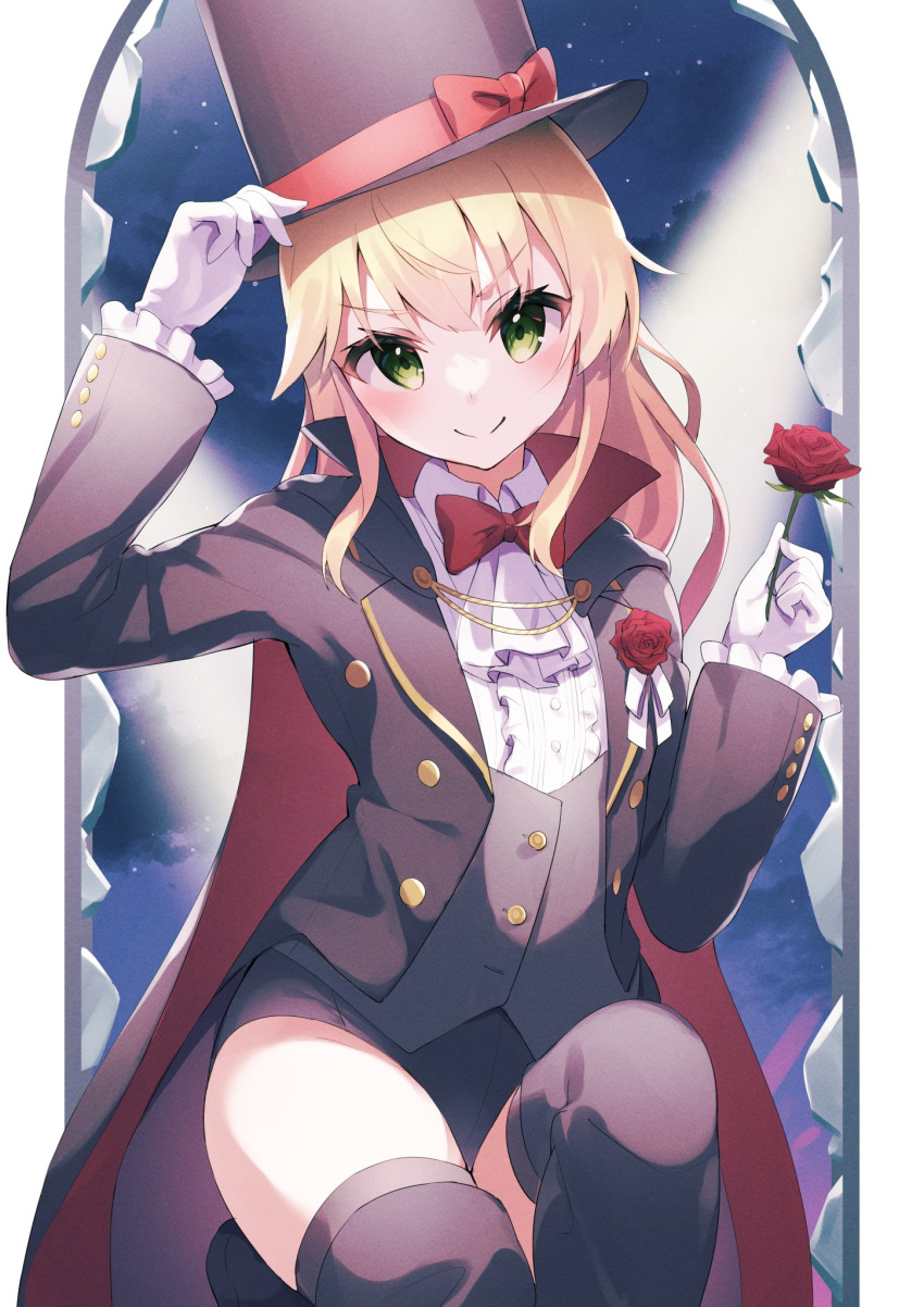 1girl, arm_up, black_cloak, black_headwear, black_jacket, black_leotard, black_thighhighs, blonde_hair