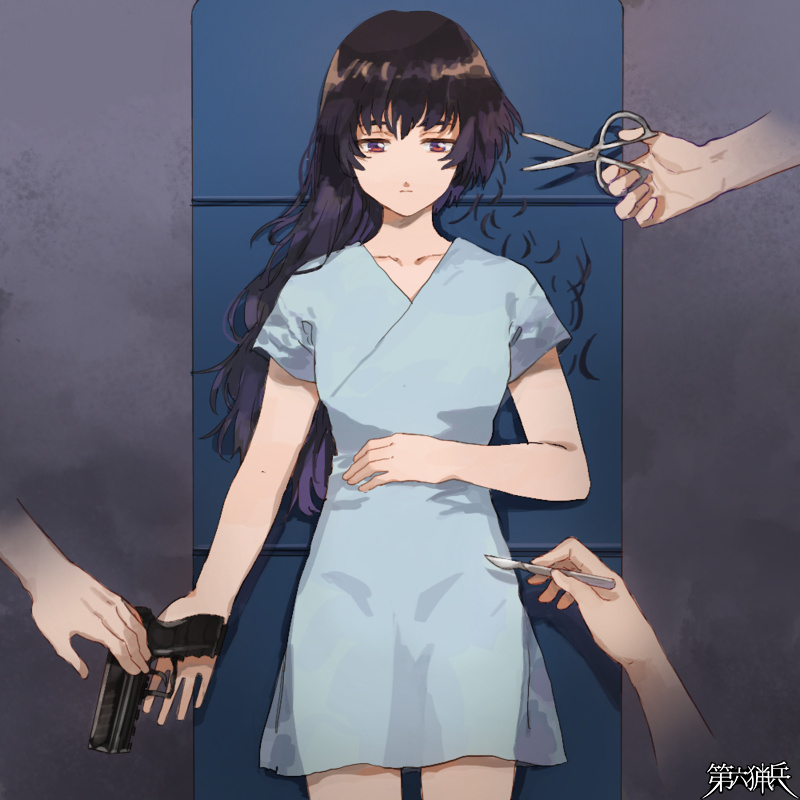 1girl, asymmetrical_hair, copyright_name, cutting_hair, dairoku_ryouhei, disembodied_limb, dress, gown