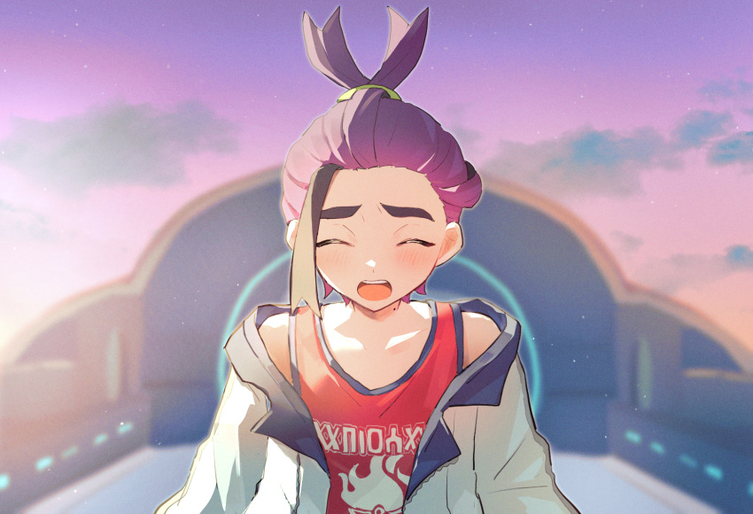 1boy, blurry, blurry_background, blush, closed_eyes, clouds, commentary_request, facing_viewer