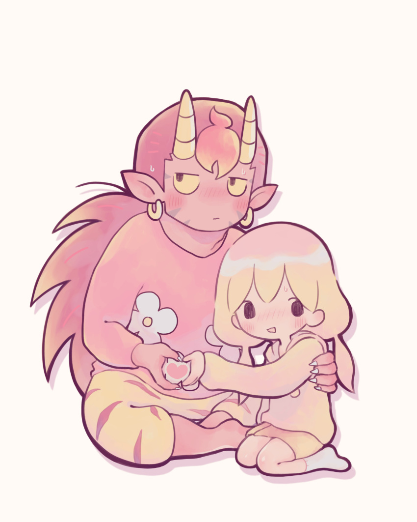 1boy, 1girl, absurdres, animal_print, black_eyes, blonde_hair, blush, brown_hair