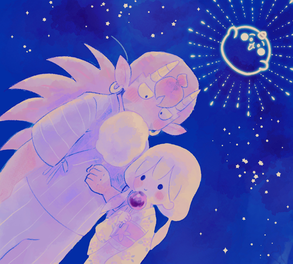 1boy, 1girl, blush, candy_apple, chimimo, chimimo_(character), cotton_candy, dutch_angle