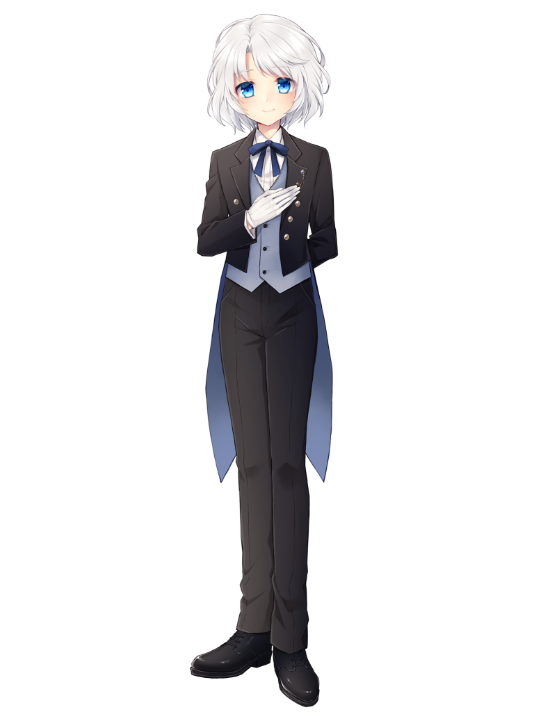 1boy, arm_behind_back, black_footwear, black_pants, black_suit, blue_bow, blue_eyes, bow, dairoku_ryouhei, gloves, hand_up, looking_at_viewer, mistufuki_(32fk_n), pants, short_hair, solo, suit, sunset_graeme, transparent_background, vest, white_gloves, white_hair