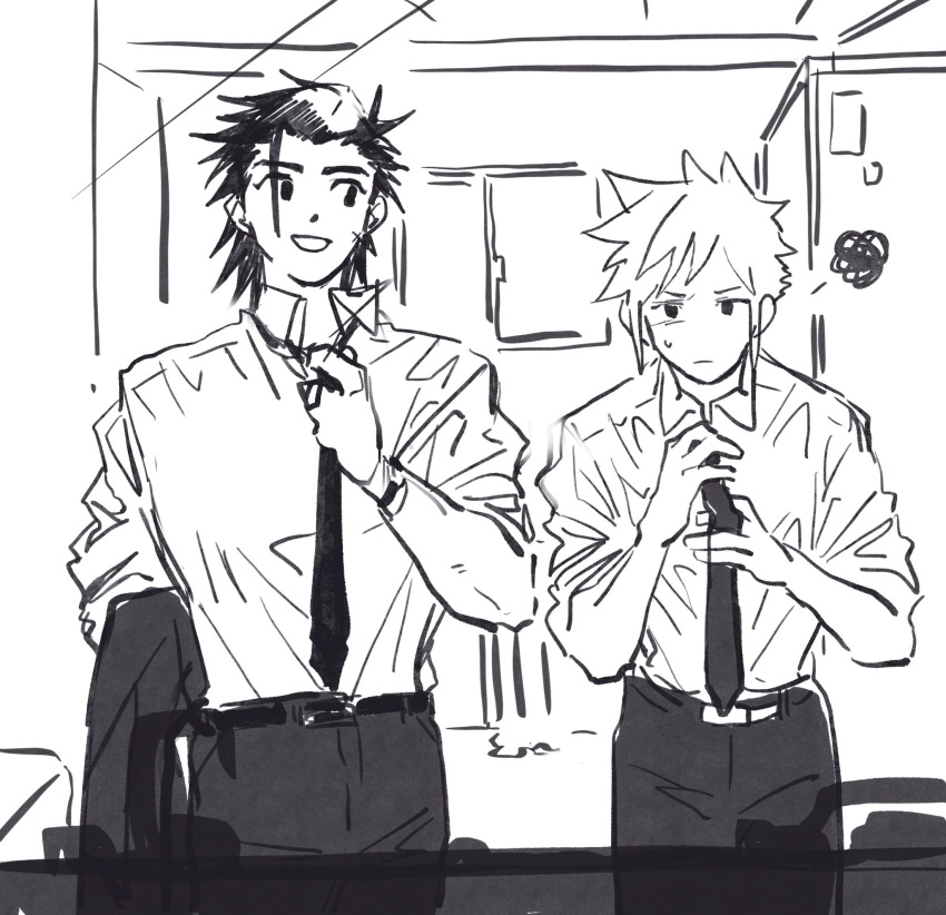 2boys, adjusting_clothes, alternate_costume, alternate_universe, annoyed, belt, black_belt, black_eyes