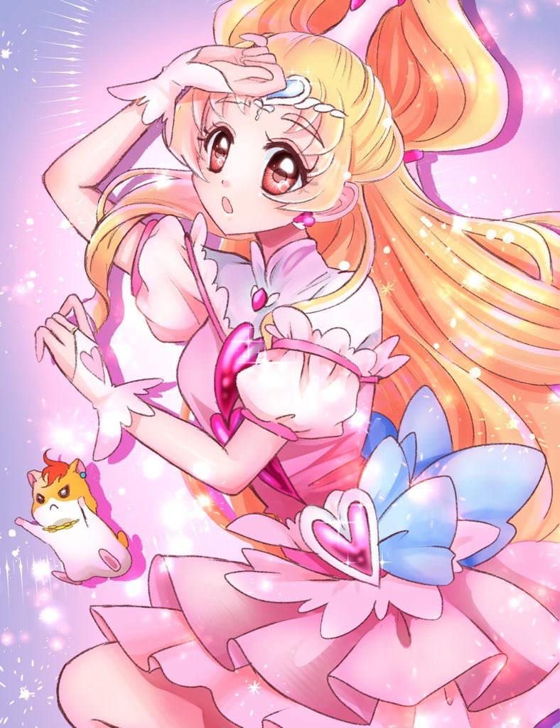 1girl, :o, blonde_hair, cowboy_shot, cure_tomorrow, dot_nose, dress, earrings