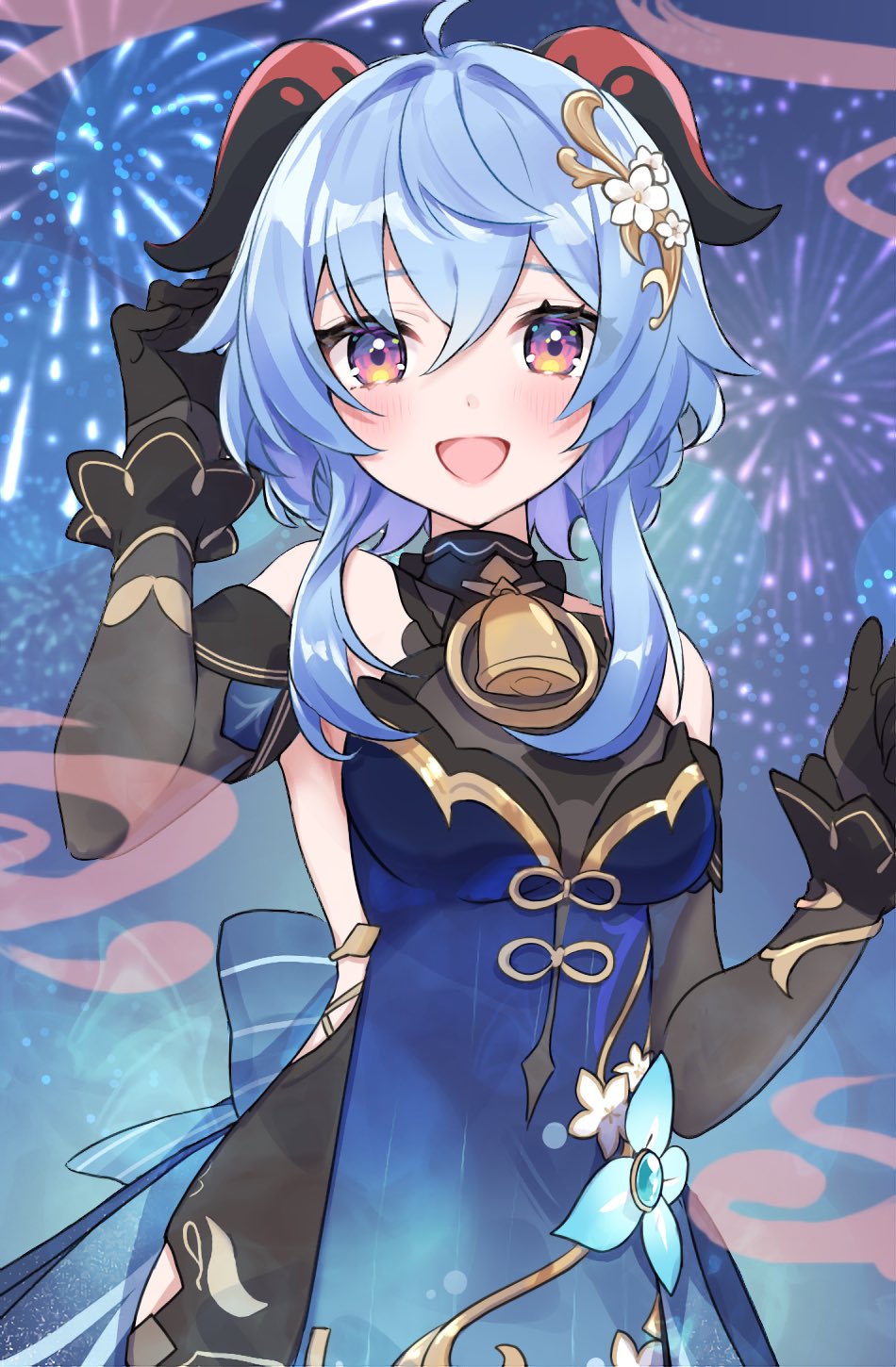 1girl, ahoge, arm_up, bare_shoulders, bell, black_dress, black_gloves, blue_dress