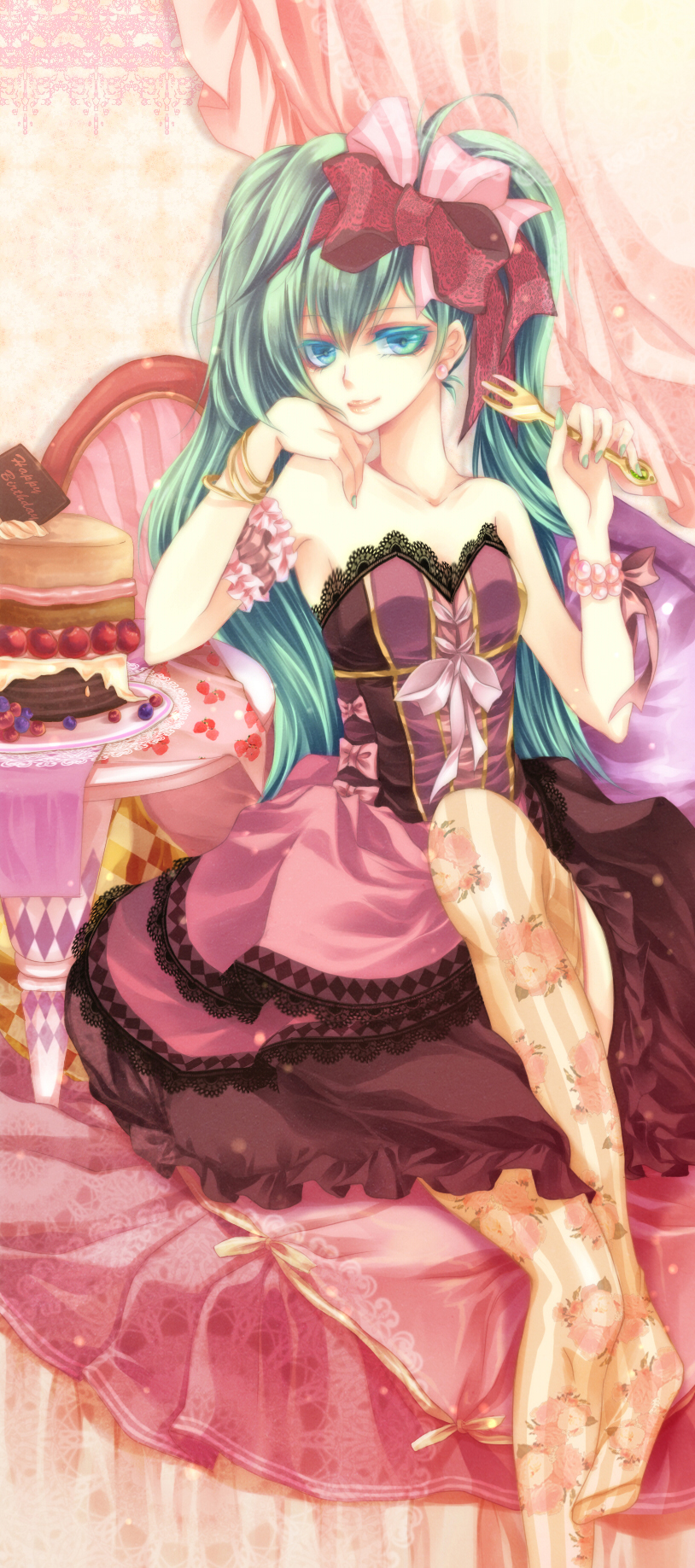 aqua_eyes, aqua_hair, bow, bracelet, cake, chin_rest, dress, earrings