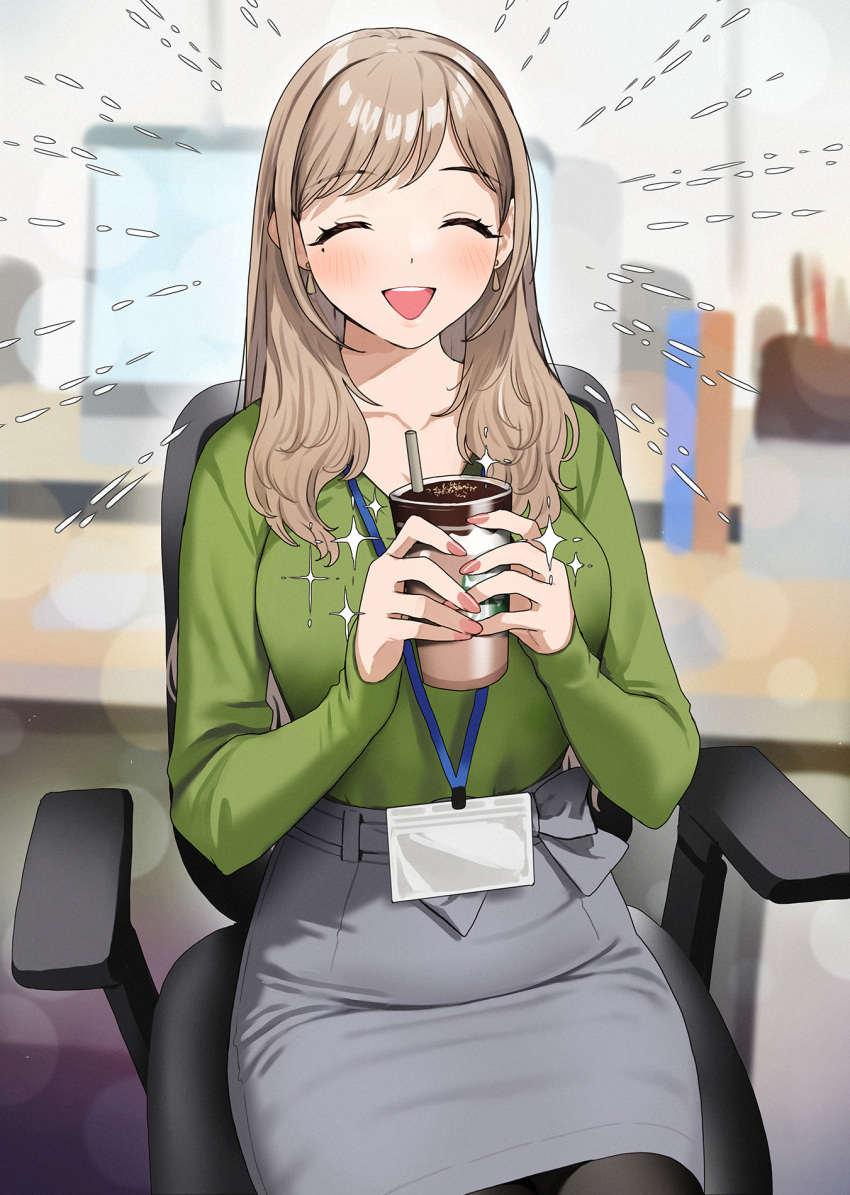 1girl, :d, ^_^, akaori_umeka, blurry, blurry_background, blush, breasts