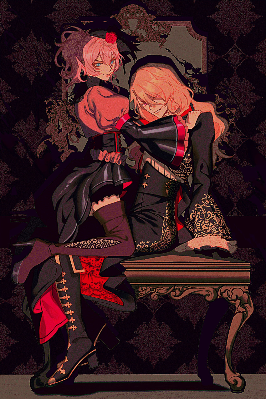 2boys, absurdres, aqua_eyes, blonde_hair, felix_louis-claude_mont_d'or, flower, from_argonavis, hand_on_another's_shoulder, highres, long_hair, looking_at_viewer, male_focus, mitsurugi_koharu, multiple_boys, otoko_no_ko, pink_eyes, pink_hair, red_flower, red_rose, rose, side_ponytail, sitting, smirk, teeth, wago, wavy_hair