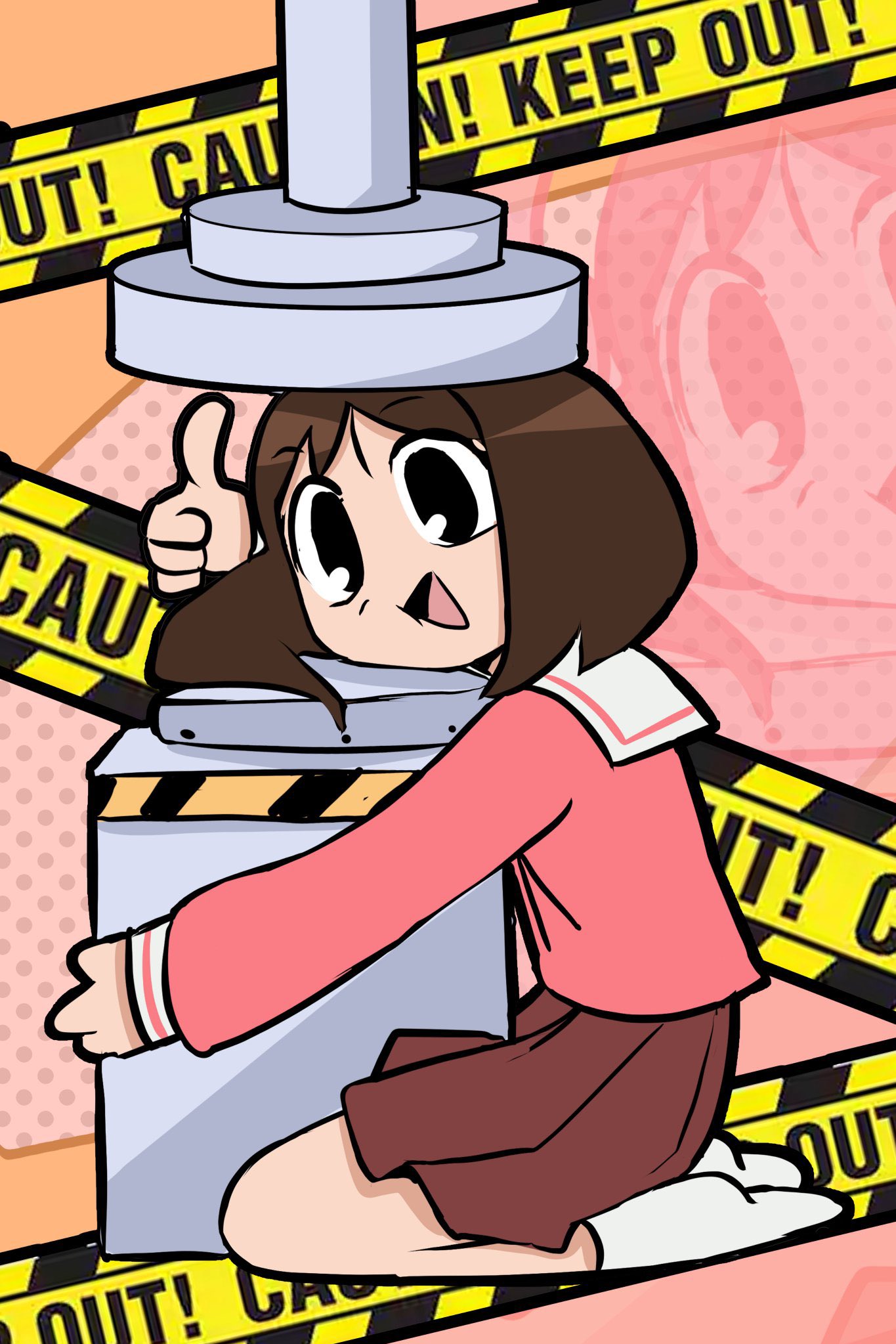 1girl, azumanga_daioh, azumanga_daioh's_school_uniform, black_eyes, brown_hair, caution_tape, evilfrap, halftone