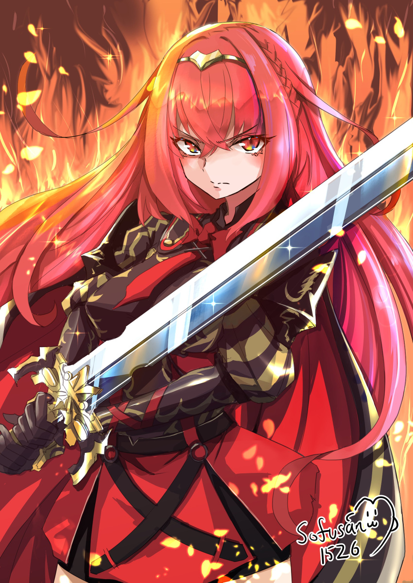 1girl, absurdres, alear_(female)_(fire_emblem), alear_(fire_emblem), armor, artist_name, black_cape, cape, closed_mouth, commentary_request, crossed_bangs, fiery_background, fire, fire_emblem, fire_emblem_engage, hair_between_eyes, highres, holding, holding_sword, holding_weapon, long_hair, red_cape, red_eyes, redhead, sofusan1526, solo, sparkle, sword, tiara, twitter_username, two-sided_cape, two-sided_fabric, two-tone_cape, v-shaped_eyebrows, weapon