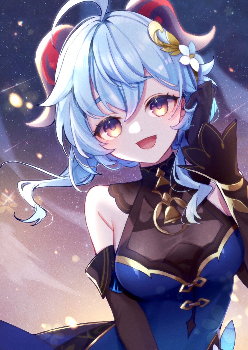 1girl, ahoge, bare_shoulders, bell, black_dress, black_gloves, blue_dress, blue_hair