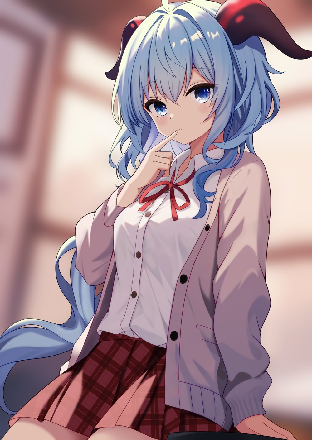 1girl, ahoge, blue_eyes, blue_hair, blush, breasts, cardigan, finger_to_mouth