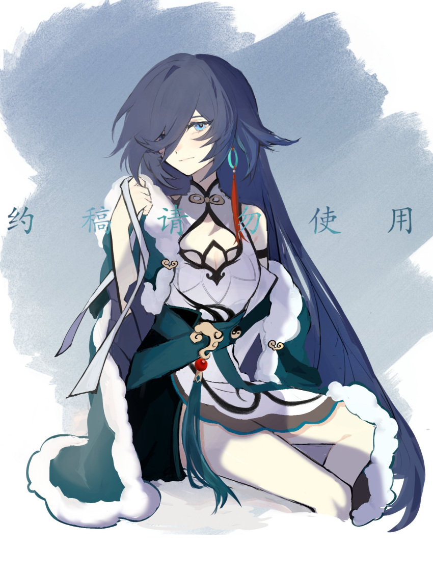 1girl, alternate_hairstyle, an_dong, bare_shoulders, bird_hair_ornament, blue_eyes, blue_hair, china_dress