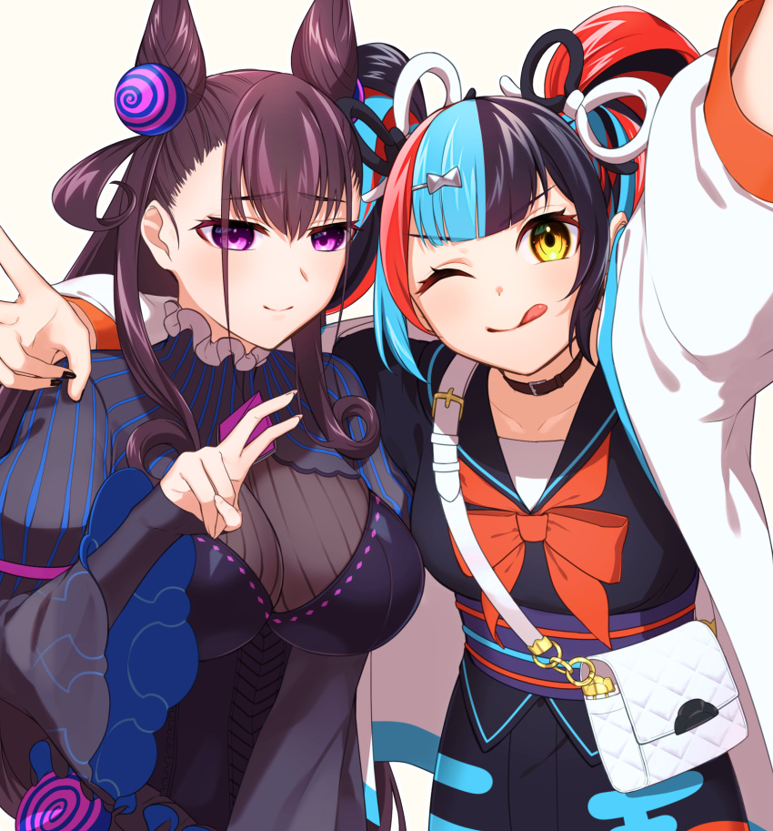 2girls, bag, black_dress, black_hair, black_nails, blue_hair, breasts, brown_hair