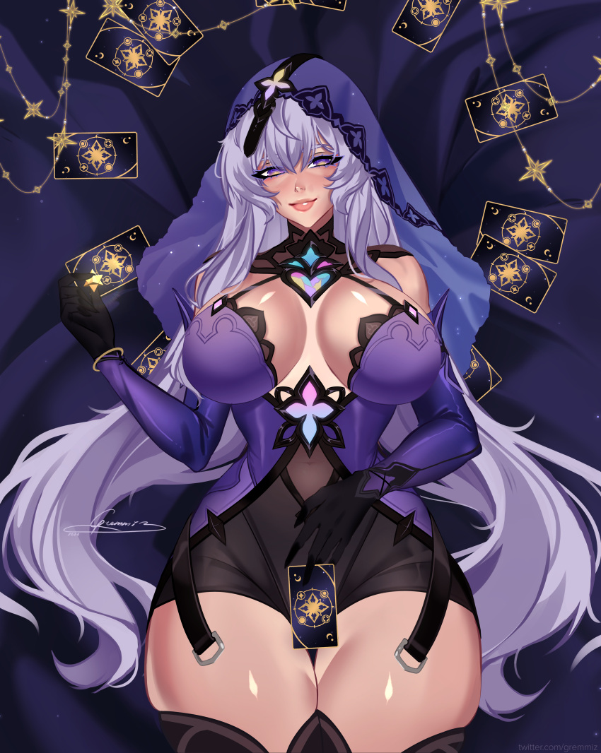 1girl, absurdres, ass, bare_shoulders, black_gloves, black_swan_(honkai:_star_rail), breasts, card