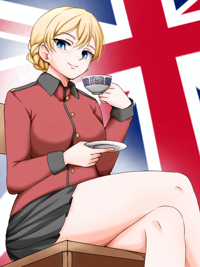 1girl, black_skirt, blonde_hair, blue_eyes, braid, closed_mouth, commentary, crossed_legs