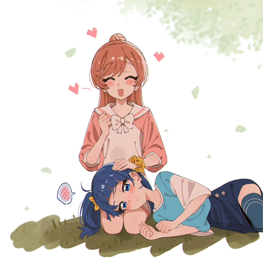 2girls, absurdres, blue_eyes, blue_hair, blue_shirt, blue_skirt, blue_thighhighs, blush