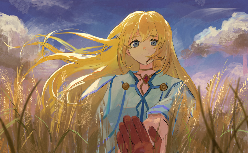 1girl, absurdres, blonde_hair, blue_eyes, choker, colette_brunel, dress, floating_hair, gloves, hair_between_eyes, highres, jewelry, lloyd_irving, long_hair, looking_at_viewer, outdoors, pov, pov_hands, reaching, reaching_towards_viewer, red_gloves, smile, solo, tales_of_(series), tales_of_symphonia, tra65004535, wheat_field, white_dress