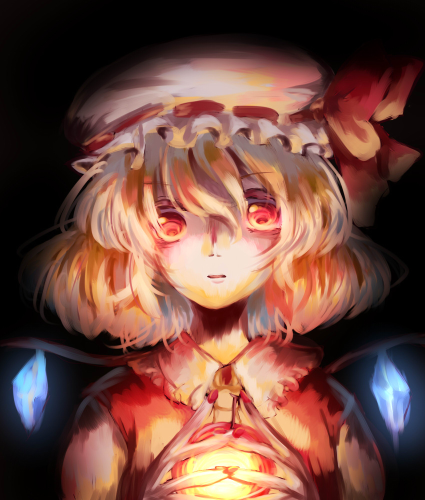 1girl, amanoru_mozuku, black_background, blonde_hair, bow, collared_shirt, crystal, dark_background