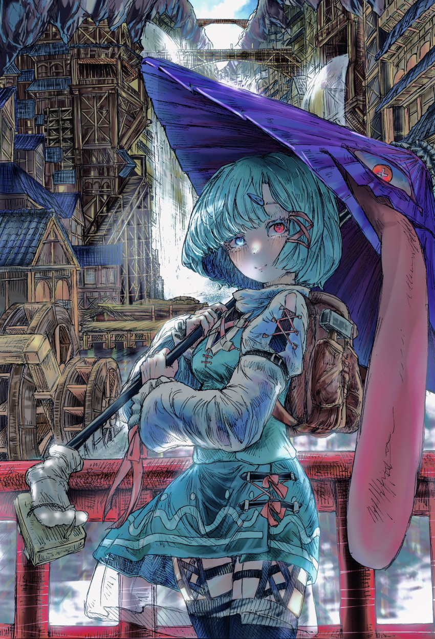 1girl, arm_belt, backpack, bag, blue_eyes, blue_hair, blue_shirt, bridge