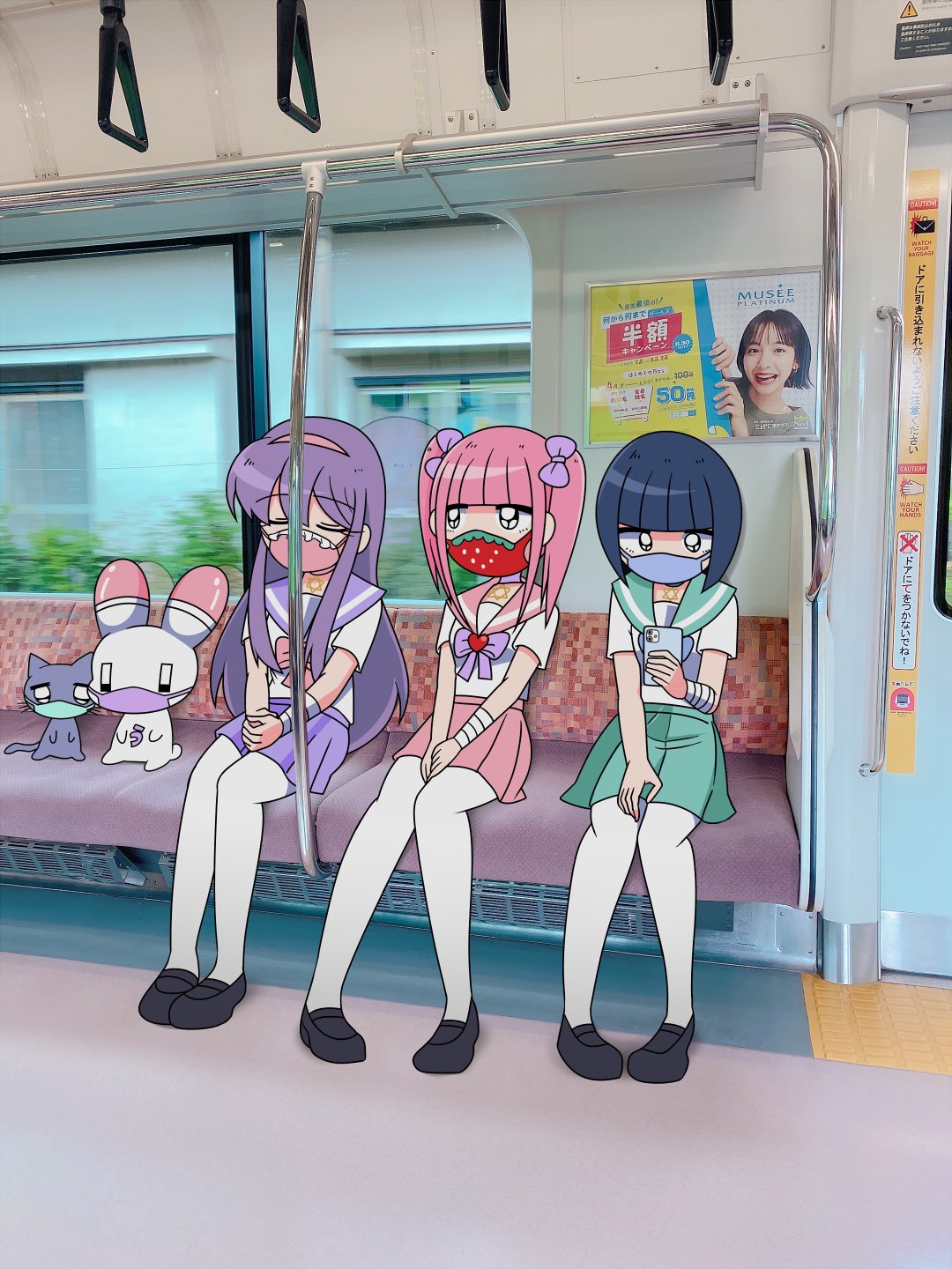 3girls, animal, bandaged_arm, bandages, between_legs, black_eyes, black_footwear, blue_bow