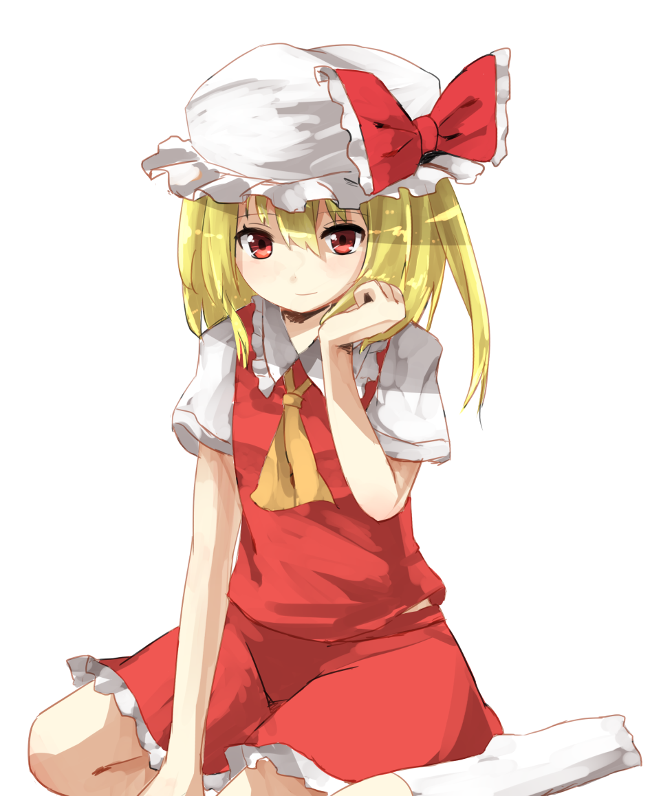 1girl, ascot, blonde_hair, bow, closed_mouth, collared_shirt, flandre_scarlet, frilled_bow, frilled_shirt_collar, frilled_skirt, frills, full_body, hat, hat_bow, light_smile, long_hair, looking_at_viewer, miyaran01, mob_cap, one_side_up, puffy_short_sleeves, puffy_sleeves, red_bow, red_eyes, red_skirt, red_vest, shirt, short_sleeves, simple_background, sitting, skirt, skirt_set, socks, solo, touhou, vest, wariza, white_background, white_headwear, white_shirt, white_socks, yellow_ascot
