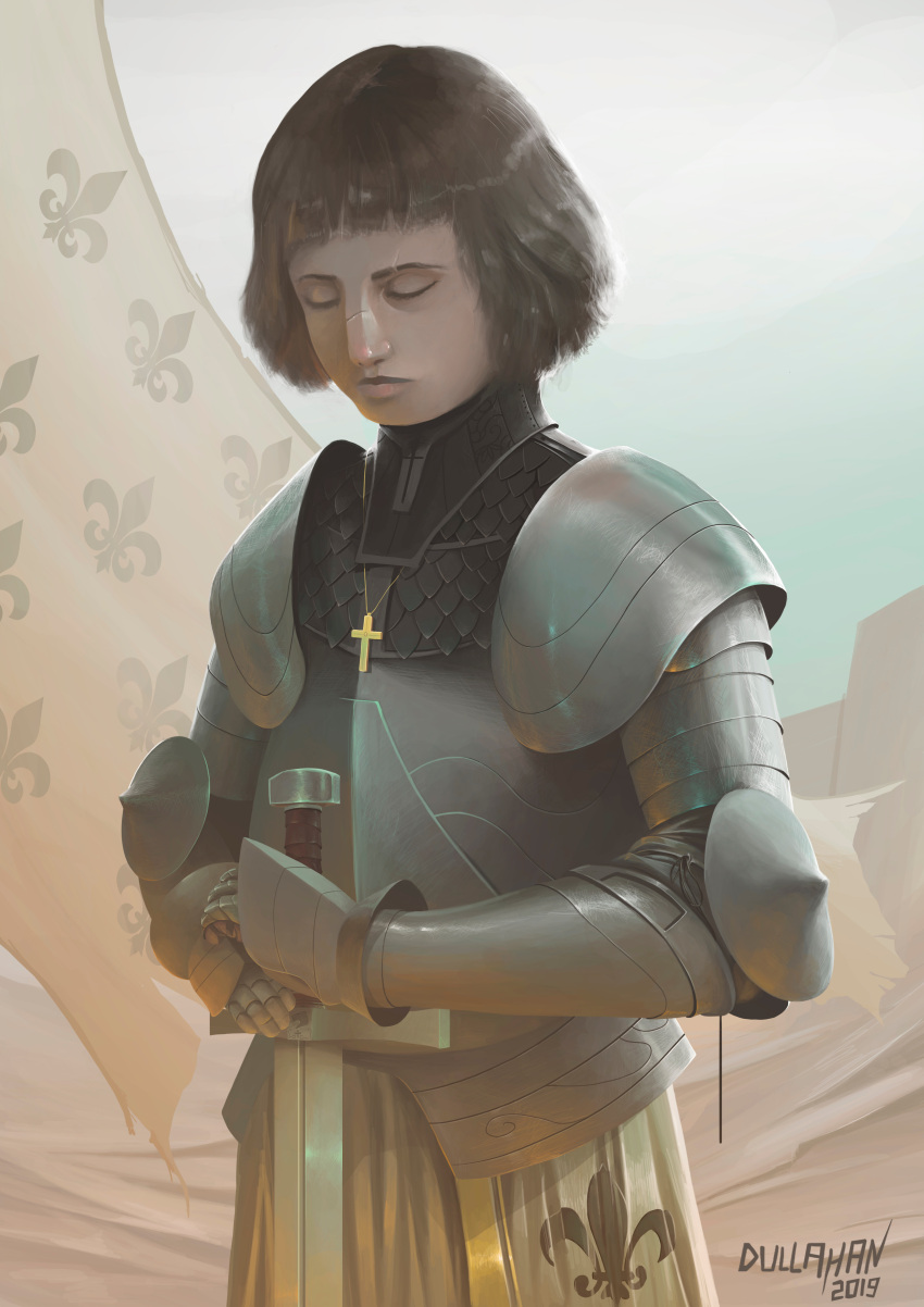 1girl, 2019, absurdres, armor, artist_name, banner, battle_standard, black_choker