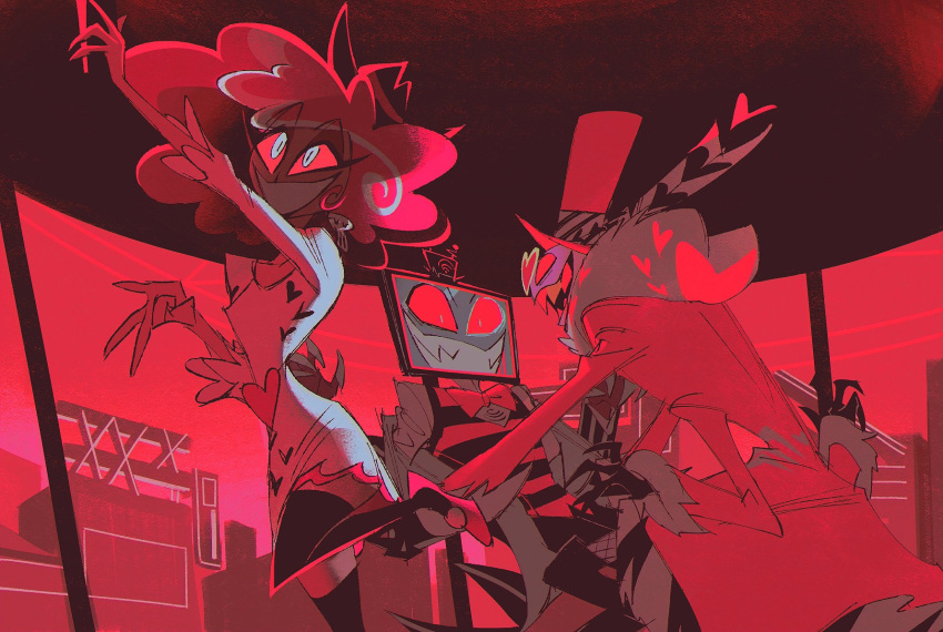 1girl, 2boys, colored_sclera, curly_hair, demon_boy, demon_girl, dress, evil_grin, evil_smile, grin, hazbin_hotel, highres, looking_at_another, multiple_boys, pimp, red_sclera, red_theme, redhead, smile, ssyy_aagg, valentino_(hazbin_hotel), velvette_(hazbin_hotel), vox_(hazbin_hotel), white_dress