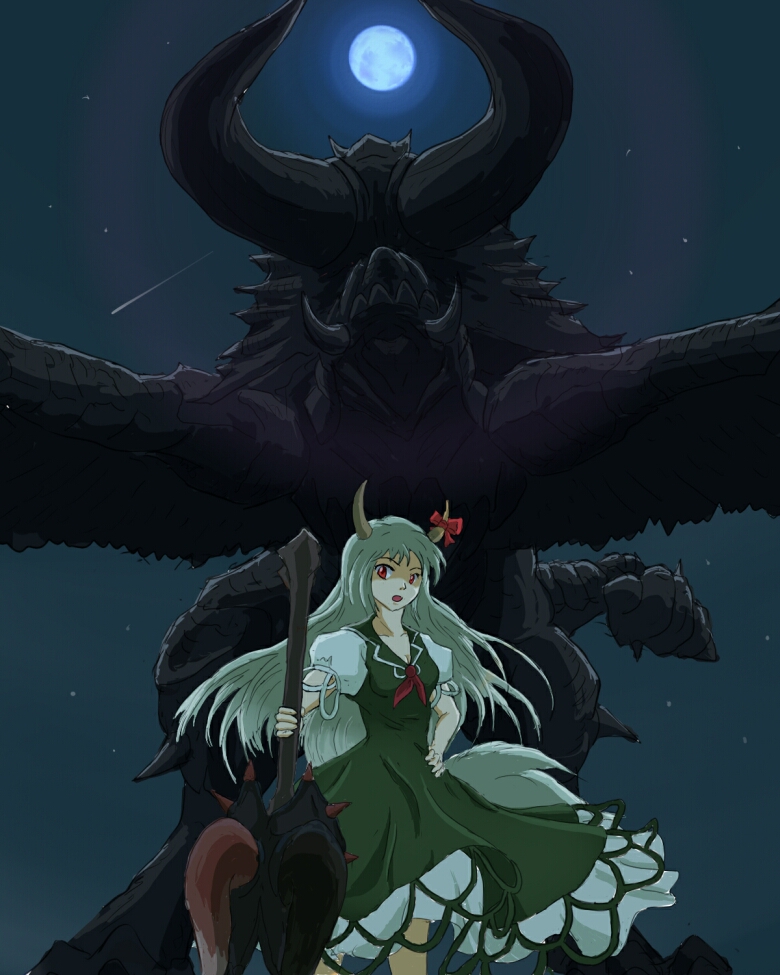 ex-keine, green_hair, horn_ribbon, horns, kamishirasawa_keine, long_hair, monster_hunter, red_eyes