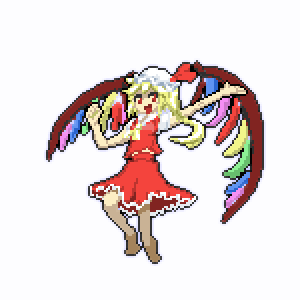 1girl, ascot, barefoot, collared_shirt, flandre_scarlet, full_body, hat, honyaa_(honya--1123)